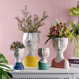 Art Portrait Pot de fleur Vase Sculpture résine visage humain famille planteurs Pot de fleur stockage de jardin Arrangement de fleurs décors à la maison Y309v