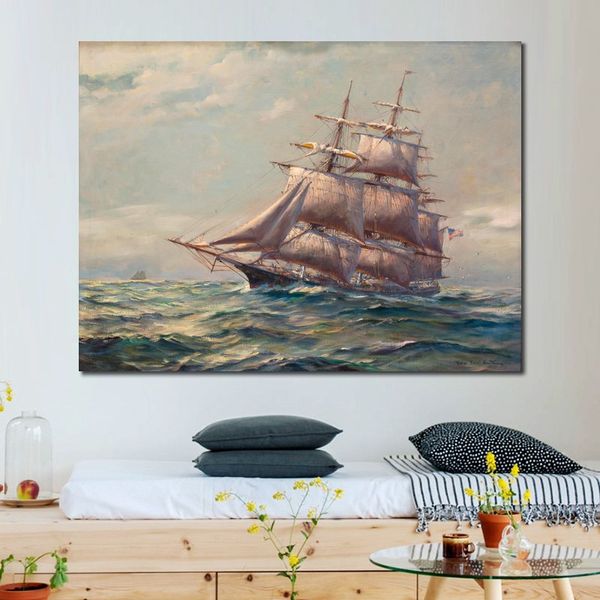 Reproducción de arte, un cortapelos americano bajo vela reducida, pintura de Frank Vining Smith, lienzo de paisaje marino hecho a mano, decoración del hogar