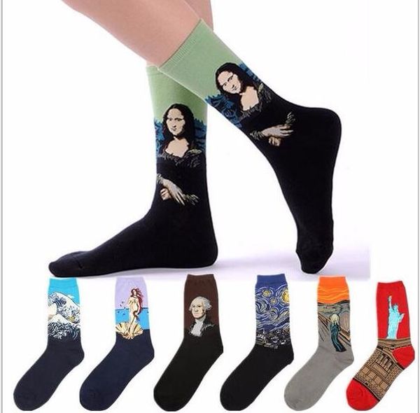 Art Style skateboard Sock Mujeres hombres Algodón Vintage Estatua de la libertad Mona Lisa Starry Sky Kiss Socking Lovers Calcetines de tubo medio