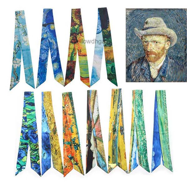 Art Van Gogh champ de blé fleur d'abricot ciel étoilé peinture à l'huile mince ruban étroit reliure sac poignée foulard en soie bandeau pour cheveux écharpe