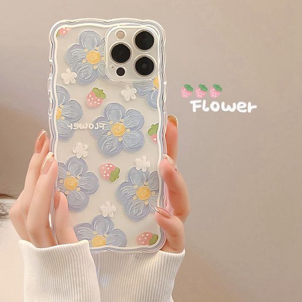 Fundas artísticas onduladas con flores azules, funda trasera de silicona suave con diseño de fresa para iphone 14 x xr 7 8 plus 13 promax 11 12 mini xsmax