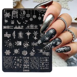 Art Hiver Christmas Nail Emplames Assiettes Snowflakes Moon Gift Crutch Sock Image Nail Pochies French Lace Manucure Modèles Sasw