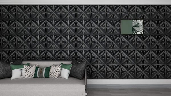 Art3d 50x50cm Pegatinas de pared Panel de papel tapiz 3D negro mate Cubierta de diseño de flores de PVC 32 pies cuadrados, para decoración interior en sala de estar, dormitorio, vestíbulo, oficina, centro comercial (12 PCS)