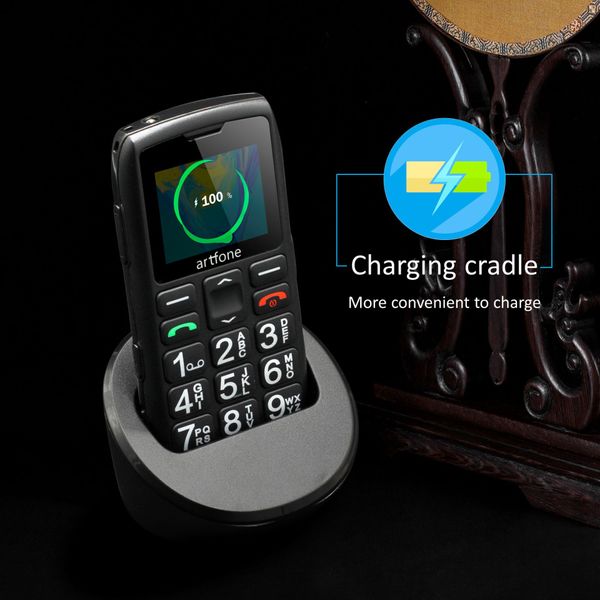Artfone C1 + Bar Phone mobile senior avec quai de charge de charge GRATUIT BIG Rubber Keypad pour les personnes âgées Dual Sim One Key SOS FM 1400mAh Cell