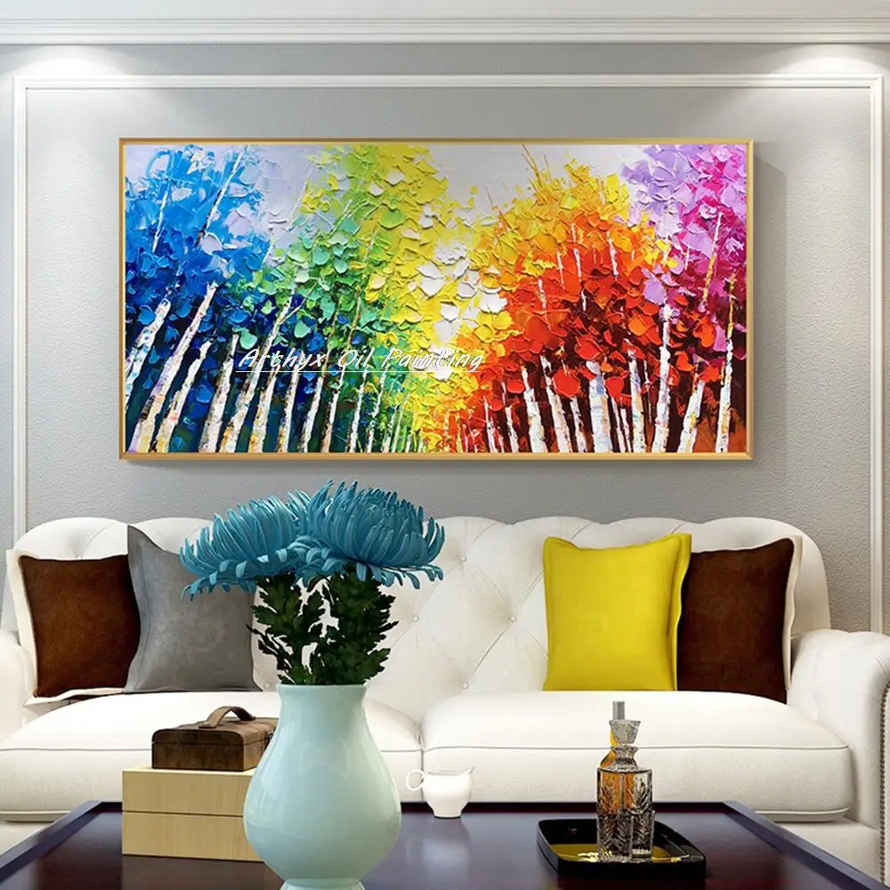 Arthyx feita à mão árvores de textura grossa abstrair paisagem pintura a óleo sobre tela, arte de parede moderna, imagem para sala de estar, decoração de casa