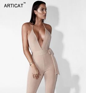 Article col en V profond dos nu Bandage combinaison femmes barboteuses Sexy épaules nues moulante body mollet pantalon fête salopette j2541404