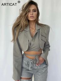 Article gris Double couche pansement mince Blazer femmes à manches longues poche veste courte femme col cranté vêtements d'extérieur hauts 240223