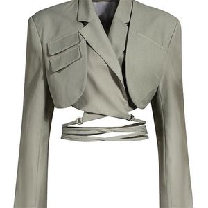 Articat gris Double couche pansement Slim Blazer femmes à manches longues poche veste courte femme col cranté vêtements d'extérieur hauts 220811