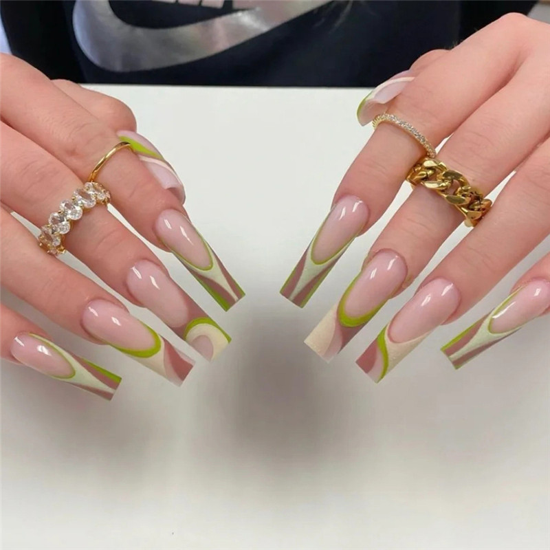 Kunstmatige valse nagels met ontwerp afneembare pers op lange nep nagel voltooide nagelballet Franse kist manicure
