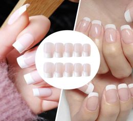 Acrylique artificiel classique français faux ongles avec de la colle 24pcs rose blanc long faux ongles entièrement pressante sur4563191