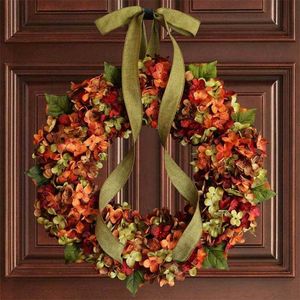 Kunstmatige herfst Hydrangea-krans Woondecoratie Idyllische wand opknoping Thanksgiving deur hanger druppel 211104