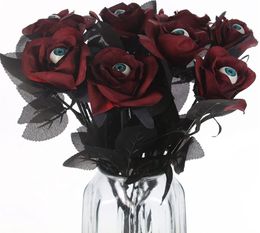 Kunstmatige bloedige rozen met oogbol bloemboeket faux wit zwart rode roos bundel Halloween -feest enge sfeer thuis spookachtige decoraties