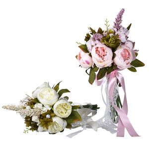 Bouquet De mariée artificiel, fleurs De mariage, feuille verte, ruban, nœud papillon, romantique, 2 couleurs, blanc, rose, W5561