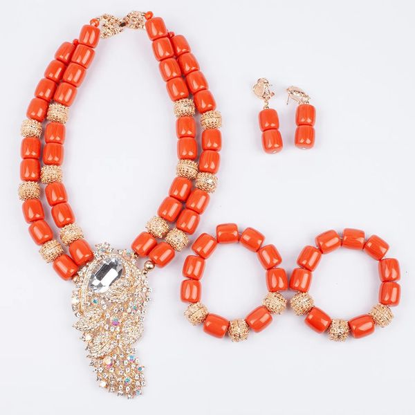 Artificial Coral Mulheres Pingente Colar Pulseiras Brincos Terno Conjunto de Jóias de Casamento Africano Nigéria Noiva Acessórios Presente de Festa 240115