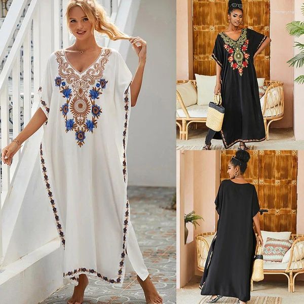 Coton artificiel Broidered Cover Up Long Robe Beach Vacation Robe Sweet Sunsuit Protection Suit pour les femmes