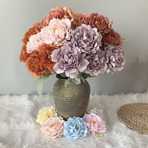 Bouquet de pivoines artificielles de Style français, 5 Branches, fleurs en soie Vintage, pour décoration de mariage et de maison