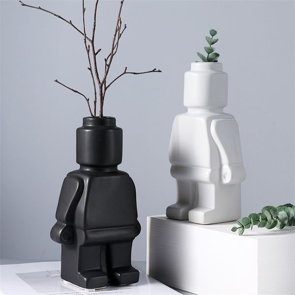 Fleur artificielle, vase, décor de chambre à la maison, décoration de table, ornements en céramique, figurines de sculpture de robot, style moderne européen 211215