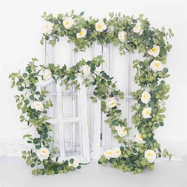 Flores artificiales Garland Fake Peony Eucalyptus Vine Greenery Colgante para guirnaldas de boda Home Party Garden Craft Art Decor 210706