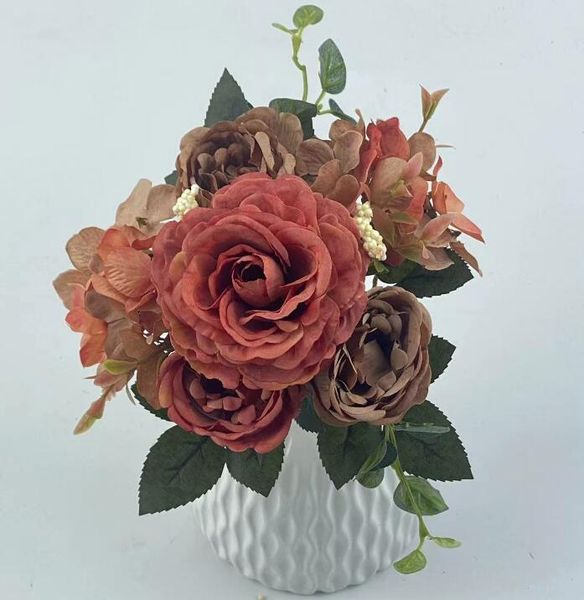 Fleurs Artificielles Rétro Soie Rose Bouquet Hortensia Pivoine Vintage Mariée Tenant De Faux Plantes Maison De Mariage Décoration Accessoires GC579