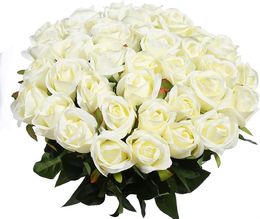 Fleurs artificielles Roses en soie faux Bouquet de mariage de mariée pour la maison jardin fête décor Floral 10 pièces (tige droite blanche)