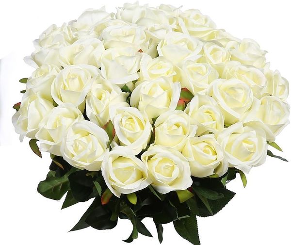 Flores artificiales, rosas de seda, ramo de novia falso para boda, decoración Floral para el hogar, jardín, fiesta, 10 Uds. (tallo recto blanco)