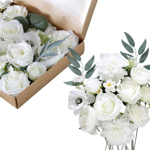 Fleurs artificielles avec boîte Blanc Rose Rouge Bleu Rose Fleurs pour DIY Bouquets De Mariage Centres De Table Arrangements Décoration RRD12873