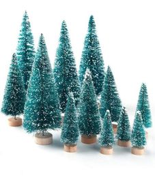 Arbres artificiels de brosse de bouteille d'arbre de Noël de sisal givré avec la base en bois artisanat de bricolage mini sapin pour le dessus de table de maison de Noël D6998653