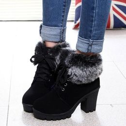 Bottines en fourrure artificielle mode dames à lacets bottines bottes d'hiver chaudes talons hauts plate-forme chaussures femme