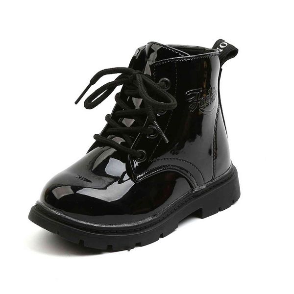 Botas de cuero artificial para niños Zapatos Otoño Invierno Botas impermeables para niñas Moda plana con botas negras para niños Zapatos para niños 211108