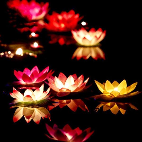 Lámpara de vela de flor de loto flotante LED Artificial con envío gratis con luces cambiadas de colores para suministros de decoración para banquetes de boda