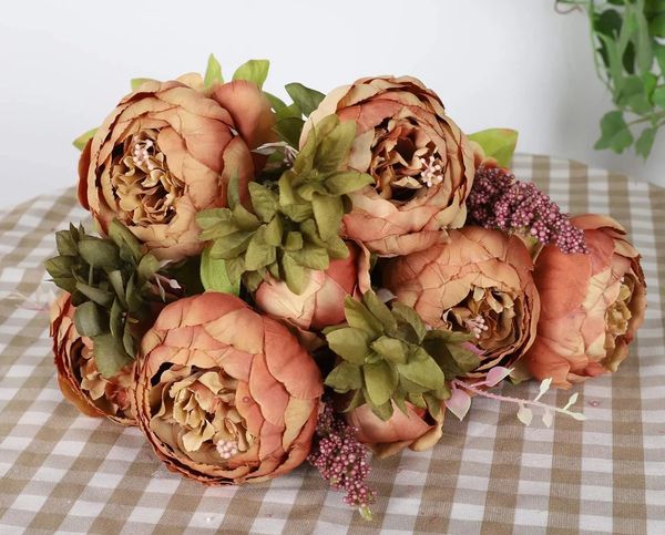 Bouquet de fleurs de pivoine artificielles en soie, Arrangement de fausses fleurs, décoration de mariage Vintage, décoration de maison, 1 Bouquet, 240309