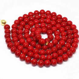 Kunstmatige rode koraal ronde kralen 8mm 10mm 12mm mooie vrouwen ketting partij kleding lange ketting sieraden 36 inch B1488