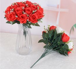 Ramo de rosas artificiales, flor de seda, 18 rosas, salón de bodas, adornos florales, flores falsas