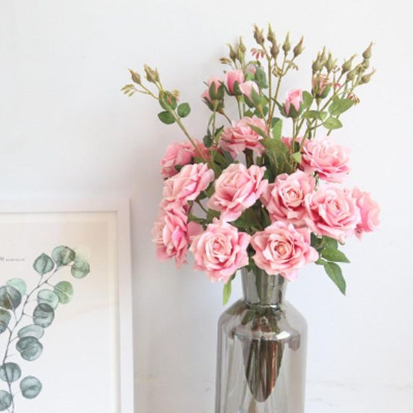 Rose artificielle de mariage, fausse fleur au toucher réel, pour décorations de jardin de maison, 3 têtes/bouquet