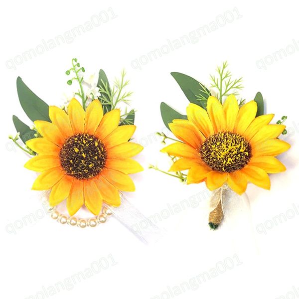 Artificielle Tournesol Demoiselle D'honneur Poignet Corsage Accessoires De Mariée avec Ruban De Mariage Boutonnières Célébration Broche Broches Décor