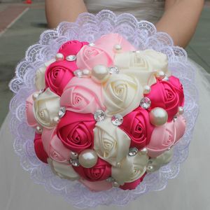 Artificial Wedding Bouquets Handmade Lace Ribbon Roses Pearls Crystal Bridal Wedding Pink Purple White Bouquet Bridesmaid Wedding Accesories