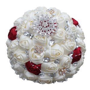 Artificial Wedding Bouquets Handmade Ribbon Ivory Roses Flowers Crystal Rhinestone Bridal Wedding Bouquet Bridesmaid Wedding Accesories 18cm