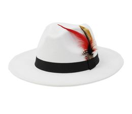 Chapeaux Fedora en laine artificielle Femmes Men Men Felt Vintage Style With Feather Band White Hat Flat Brim Top Jazz Panama Cap Qbhat1880192