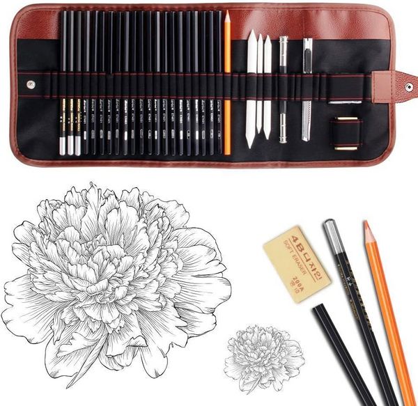 Artiste 35 pièces Sketch Crayons de dessin à charbon Ensemble de crayons de croquis Set Roll Up Toile transporter pochette Tool Tool Art Supplies