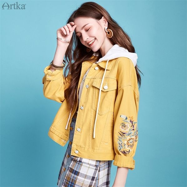 ARTKA Automne Nouvelles Femmes Denim Veste Vintage Fleur Broderie À Capuchon Denim Manteau Casual Lâche Denim Vestes Femmes WN20001C 201210