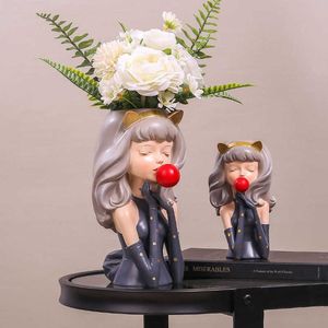 Artlovin Bubble Gum Girl Girl Vase resina Artificial Planta Artificial Flower Sope Decoración del hogar Elegante Figura 2334F