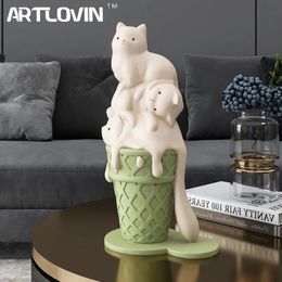 Artlovin Ice Cream Cat Sculpture Resin Figurines voor boekenkast plank Modern Home Room Decor Creative Animal Figures Gift 240409