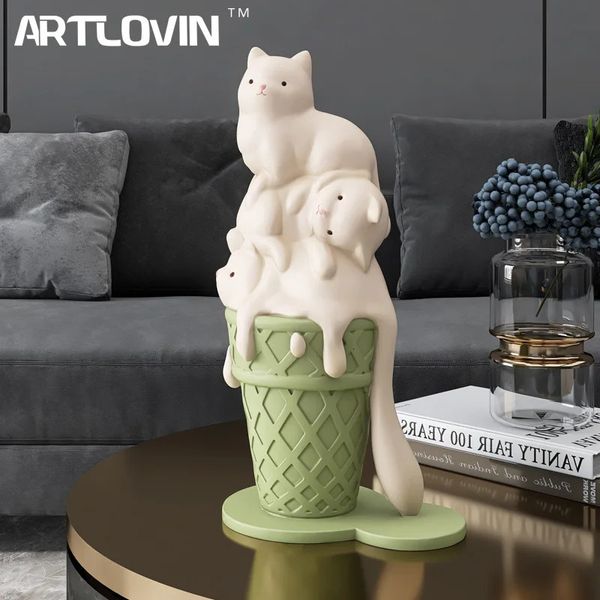 Artlovin Ice Cream Cat Sculpture Resin Figurines pour la bibliothèque étagère à domicile moderne décor créatif Figures d'animaux Gift 240409