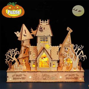 Arts et artisanat 2022 Nouveau 3D Halloween Maison hantée Puzzle en bois Fantôme Arbre Maison Lumière DIY Modèle Artisanat Kits Bureau Décoration Jouets Cadeau Pour Enfants YQ240119