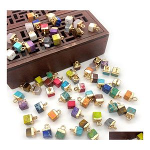 Kunst en ambachten 5x10mm natuurlijke kristallen stenen kubieke vierkante charmes groen blauw rozenkwarts hangers gouden rand trendy voor ketting earri dhutv