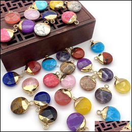 Arts and Crafts Arts Gifts Home Garden 15x19mm Gold Edge Natural Crystal Round Flat Stone Charms Rose Quartz Turquoise Pen DH4WZ