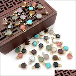 Arts and Crafts Arts Gifts Home Garden 8x12mm Gold Edge Natural Crystal Hexagon Stone Charms Rose Quartz Turquoise Hanger Dhqns