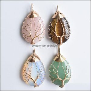 Arts et artisanat Arts cadeaux maison jardin pierre naturelle charmes cristal arbre de vie pendentifs Roses Quartz fil d'or enveloppé T Dhits