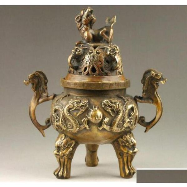 Artes y artesanías chinas antiguas estatuas de dragón hechas a mano tapa de león quemador de incienso de bronce 4414 entrega directa hogar jardín Dh4Y3