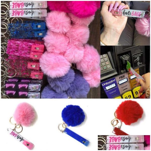 Artes y manualidades Tarjeta de crédito linda Pler Pompom Llaveros Acrílico Débito Banco Grabber Para uñas largas Cajero automático Bola de piel de conejo Llavero Tarjeta rosa Dhydw